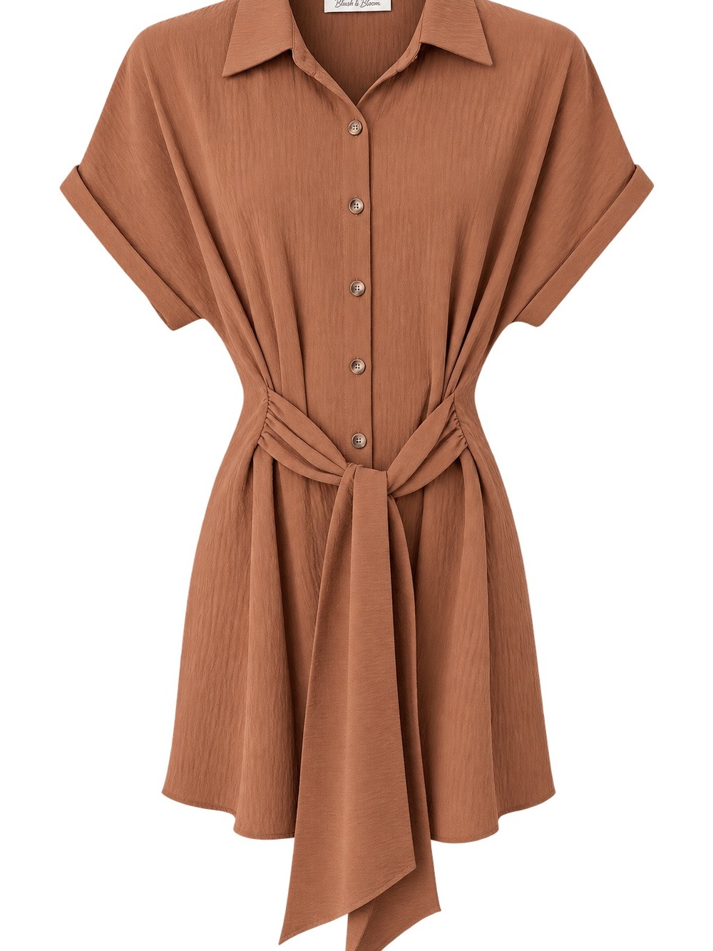 Button-Front Short Sleeve Tie-Waist Mini Dress in Rust